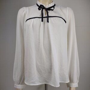 NWT J. Crew white black ruffled neck tie front semi sheer blouse ladies Medium